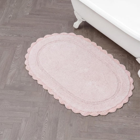 Laura Ashley Eloise 100% Cotton Oval Bath Mat with Crochet Border, Soft & Absorbent, Light Pink 21" x 34" Bathroom Rug
