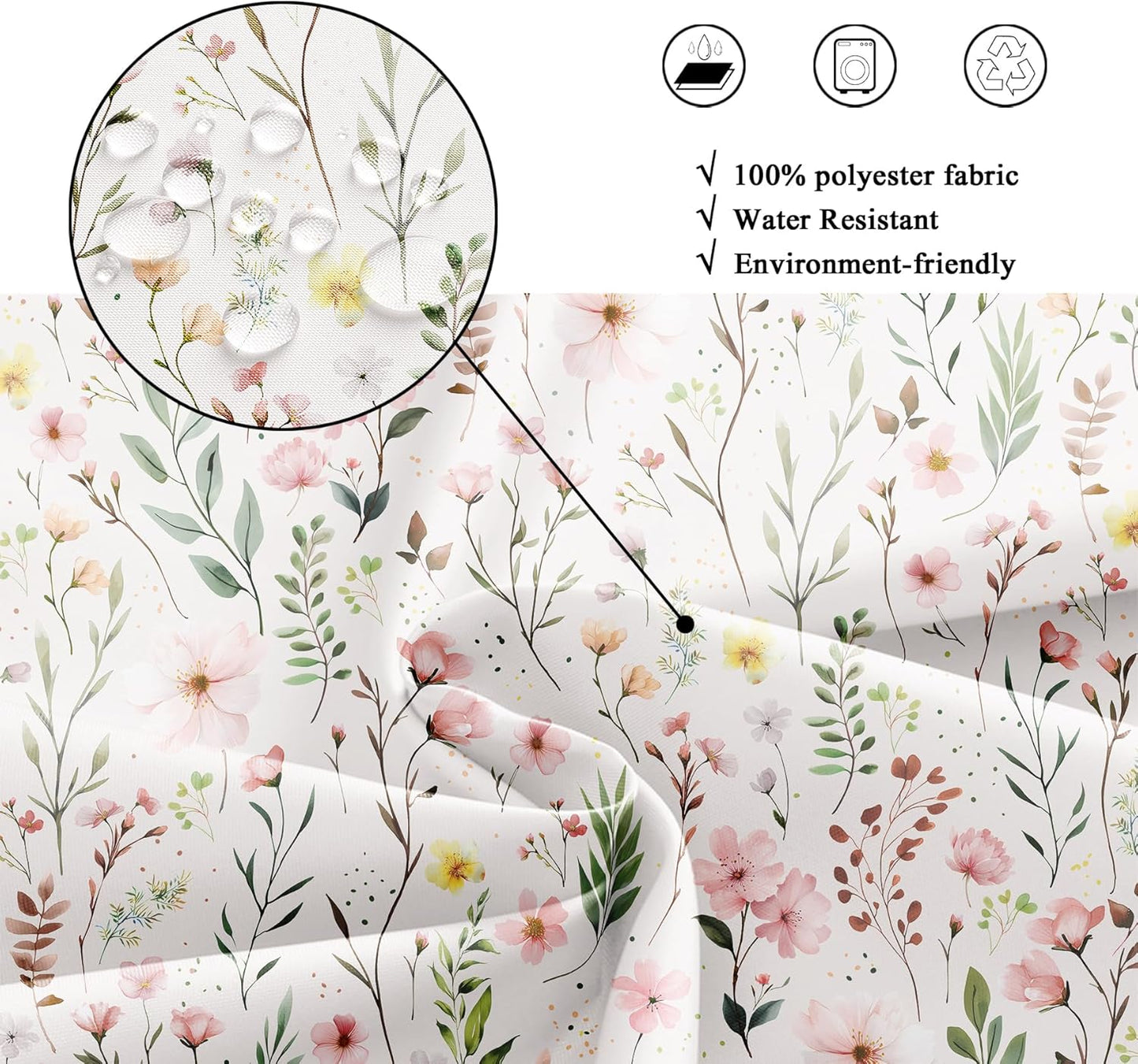 Riyidecor Pink Floral Flower Shower Curtain for Bathroom Decor 72Wx72H Light Pink Green Farmhouse Leaves Plants Botanical Boho Countryside Art Printed Fabric Polyester Waterproof 12 Pack Plastic Hooks