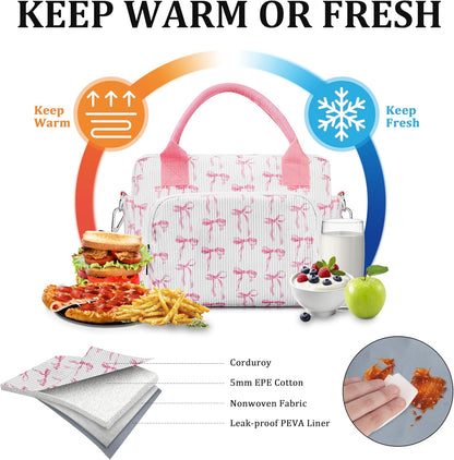 TESAFNG Lunch Box for Women Insulated Lunch Bag Cute Corduroy Lunch Tote Bags Lightweight Reusable Leakproof Cooler Bag with Adjustable Shoulder Strap for Work Office Travel Picnic (Pink Bow)