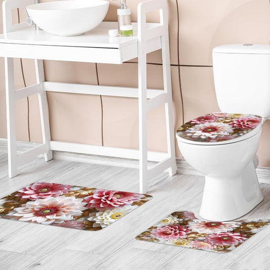 Riyidecor Pink Girly Floral 4Pcs Bathroom Shower Curtain Sets Vintage Flower Gold Relief Sculpture Bathroom Decor Set with Rugs and Accessories Retro Toilet Lid Rug, Contour and Bath Mat with 12 Hooks