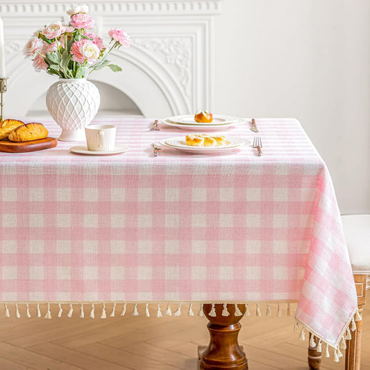 Checkered Tablecloth Rectangle Cotton Linen Gingham Table Cloth with Tassel Washable Wrinkle Free Heavy Duty Buffalo Plaid Table Cover for Dining/Party/Picnic (Pink, 55" x 70" (Rectangular))