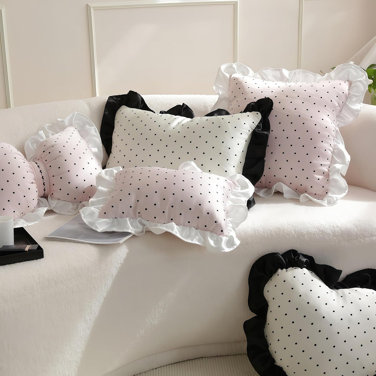 Pink Black Polka Dot Silk Throw Pillow Cover 18x18 Inch, Ruffle Cushion Cover with White Lace Trim, Shabby Decorative Chic Pillowcase for Rustic Living Room, Bedroom & Country Home Decor