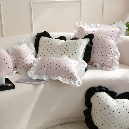 Pink Black Polka Dot Silk Throw Pillow Cover 18x18 Inch, Ruffle Cushion Cover with White Lace Trim, Shabby Decorative Chic Pillowcase for Rustic Living Room, Bedroom & Country Home Decor