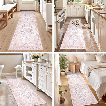 Moynesa Washable 2x6 Pink Hallway Runner Rug, Cute Girl Floral Print Runner for Home Decor, Foldable Low Pile Soft Non-Slip Floor Mat for Kids Playroom Nursery Entryway Kitchen