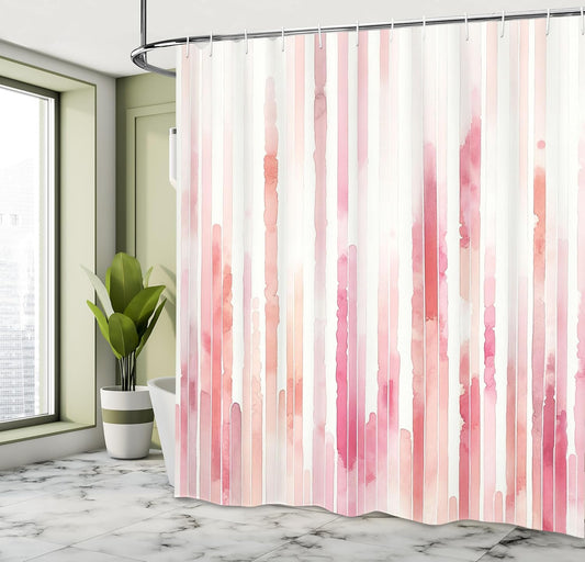Ambesonne Striped Shower Curtain, Abstract Contemporary Soft Tones of Pink in Aquarelle Vertical Lines Print, Cloth Fabric Bathroom Decor Set with Hooks, 69" W x 84" L, Blush Coral Peach