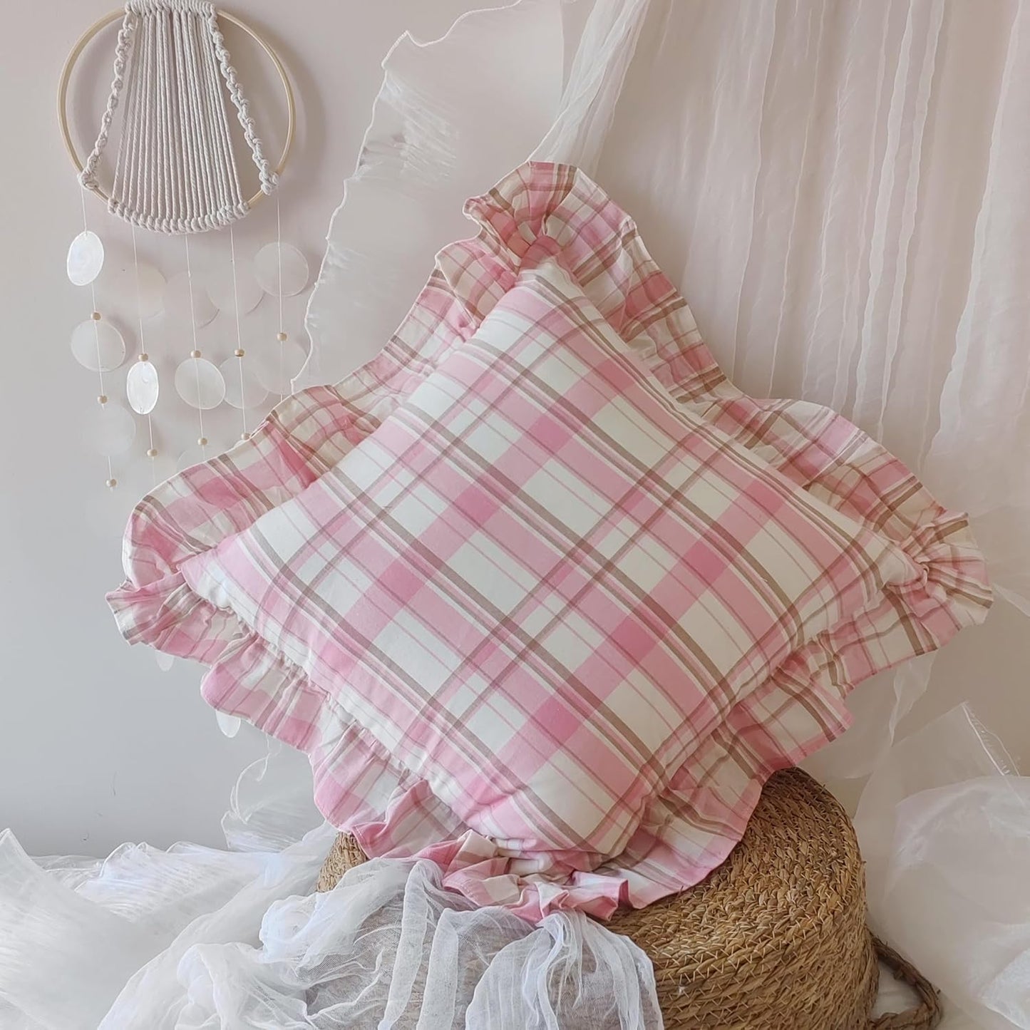 Pink Plaid Throw Pillow Covers, 100% Cotton Ruffle Edge Cushion Covers, Farmhouse Shabby Decorative Chic Pillowcases for Living Room Sofa Bedroom Girls Room, 18x18 Inch Set of 2