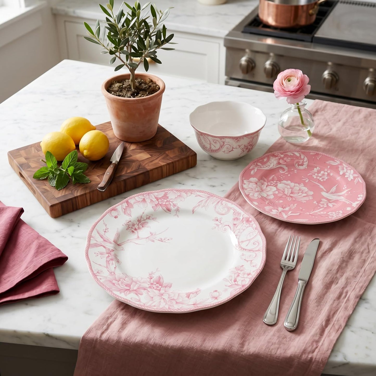 222 Fifth Adelaide Blush 12-Piece Pink Porcelain Dinnerware Set – Service for 4, Big Dinner Plates and Bowls Sets, White with Pink Floral Pattern, for Daily Entertainment, Microwave & Dishwasher Safe