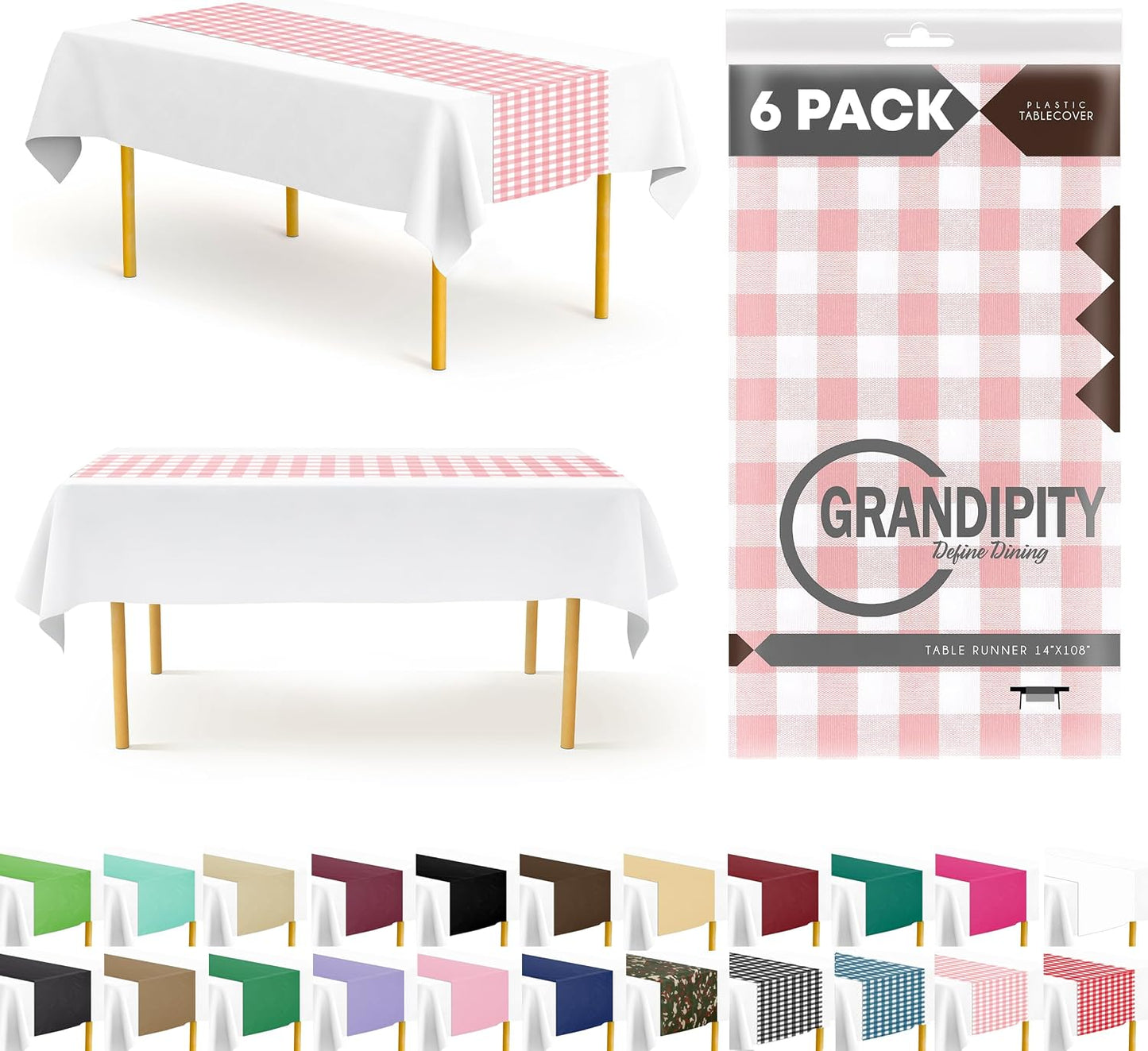 Pink Checkered Gingham 6 Pack Premium Disposable Plastic Table Runner 14 x 108 Inch. Table Runner for Dinner Parties & Events by Grandipity