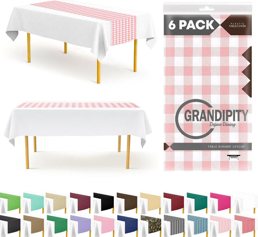 Pink Checkered Gingham 6 Pack Premium Disposable Plastic Table Runner 14 x 108 Inch. Table Runner for Dinner Parties & Events by Grandipity