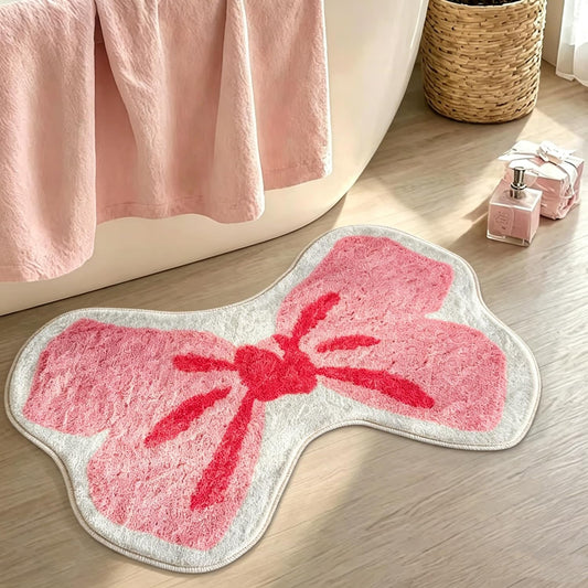 Large Pink Bow Bathroom Rug, 20"x32", Cute Bath Mat, Coquette Room Decor, Soft Plush Bath Rugs, Non-Slip, Absorbent, Machine Washable, Preppy Stuff for Girls Bathroom Bedroom Vanity College Dorm