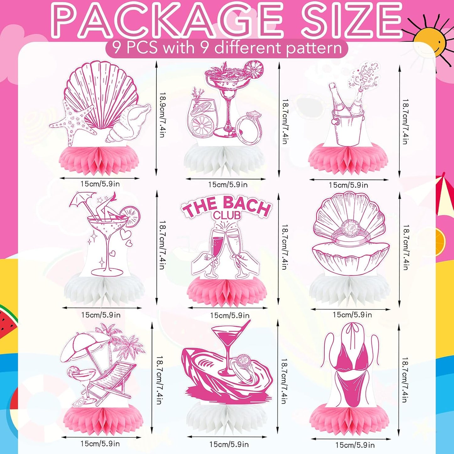 9 Pcs Last Toast on The Coast Bachelorette Decorations The Bach Club Honeycomb Centerpieces Seashells Pink Table Honeycomb for Beach Bachelorette Party Decorations Bridal Shower Wedding Favor