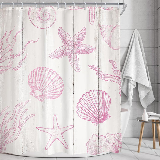 AMBZEK Pink Starfish Seashell Shower Curtain 60Wx72L Inch Beach Coastal Nautical Ocean Coral Vintage Retro Wooden Plank Artwork Cloth Fabric Waterproof Polyester Bathroom Decor Set with 12 Pack Hook