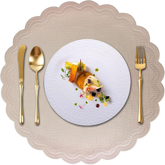 Round Placemats Set of 6, 15 Inch Scalloped PU Faux Leather Easy Wipe Kitchen Dining Mats (Nude Pink Gold)
