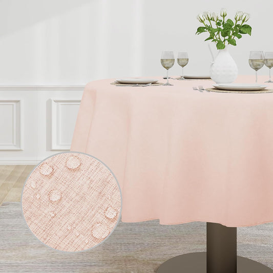 Easy-Going Faux Linen Waterproof Spill-Proof Tablecloth Stain Resistant Round Table Cloth Wrinkle Free Decorative Fabric for Kitchen, Dining, Party, Weddings, Restaurants (60 in-Round, Pink)
