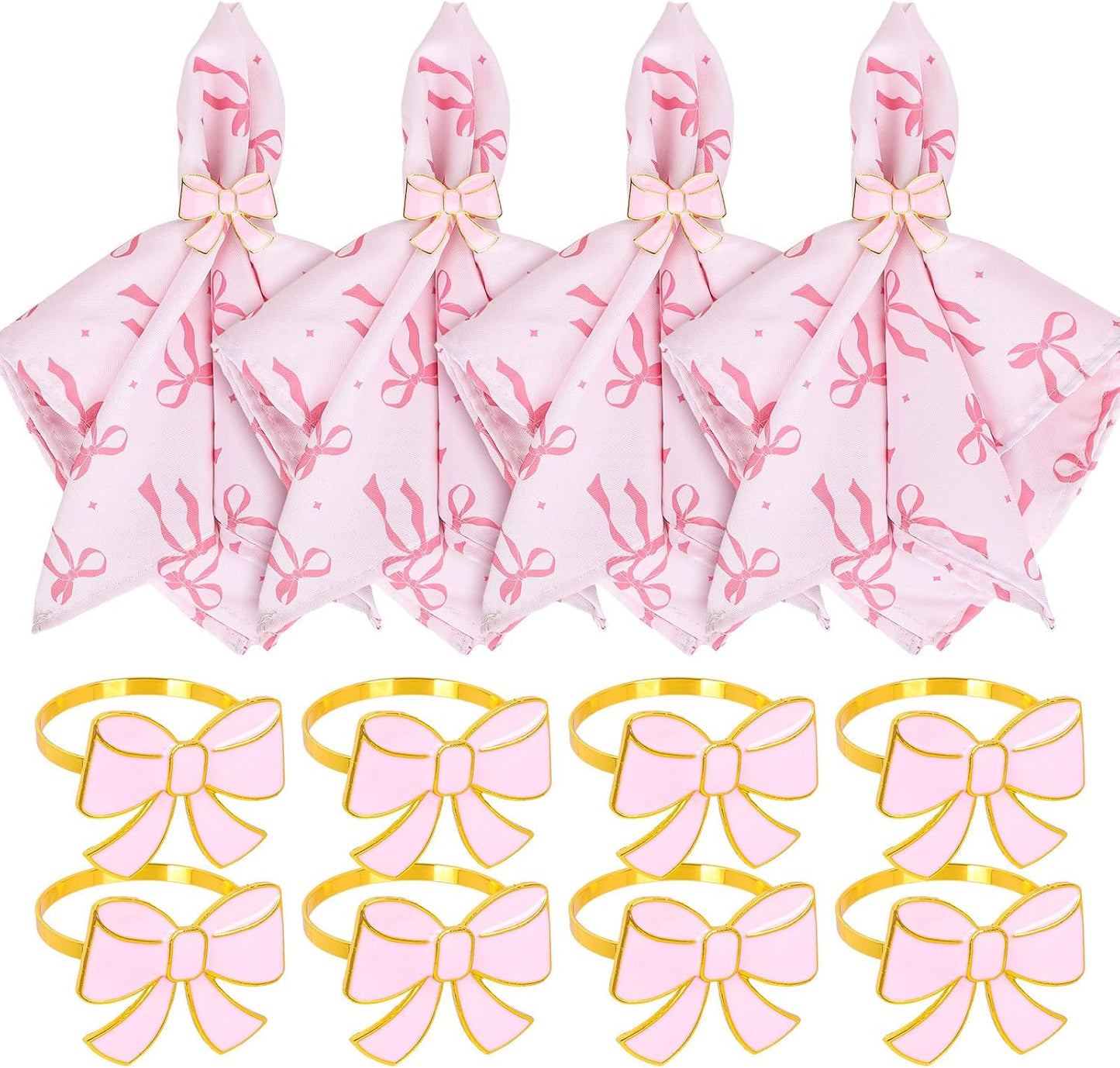 FYSUIMU 16 Pcs Pink Bow Napkins and Napkin Ring Set Coquette Bow Cloth Napkins and Bowknot Metal Ring Holders for Birthday Baby Shower Bachelorette Valentine's Day Party Table Decoration