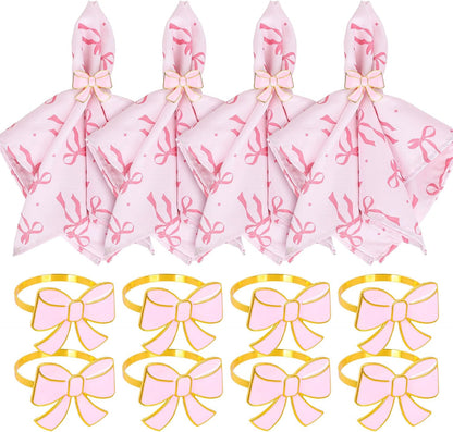 FYSUIMU 16 Pcs Pink Bow Napkins and Napkin Ring Set Coquette Bow Cloth Napkins and Bowknot Metal Ring Holders for Birthday Baby Shower Bachelorette Valentine's Day Party Table Decoration