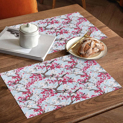 Spring Flowers Placemats Set of 4, Washable PVC Kitchen Table Mats Place Mats, Chinese Pink Peach Blossoms Branches Woven Vinyl Placemat for Dining Table, 13" x 19"