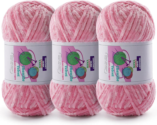 3 Skeins Fluffy Chunky Yarn, Chenille Chunky for Crocheting and Hand Knitting, Soft Thick Bulky Yarns for Making Blankets, Scarves, Hats（3×3.5oz, 3×131.2yds）(Sakura Pink)
