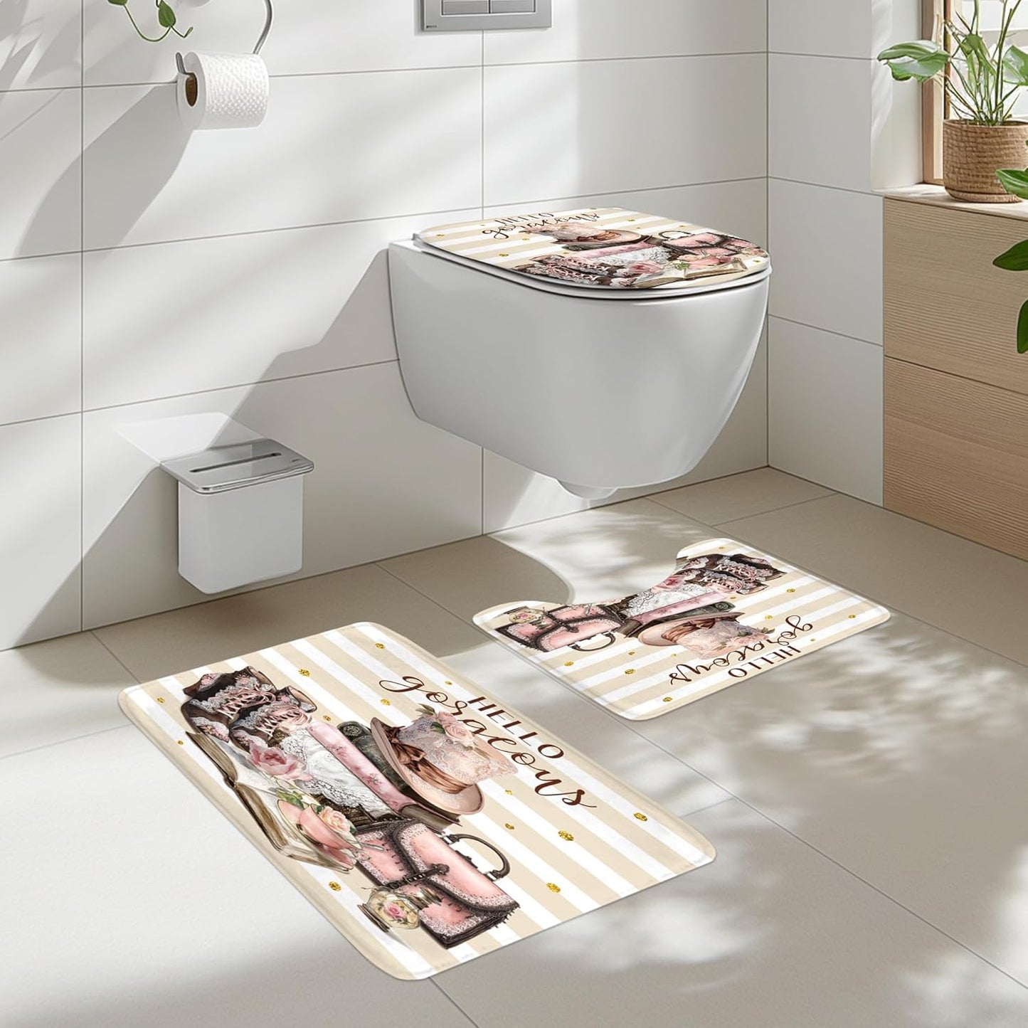 4Pcs Pink Brown Shower Curtain Set, Vintage Fashion Lace Flower Beige White Striped Books Boots Cups Bathroom Curtain with Rug, Toilet Lid Cover, Bath Mat, Women Shower Curtain with 12 Hooks