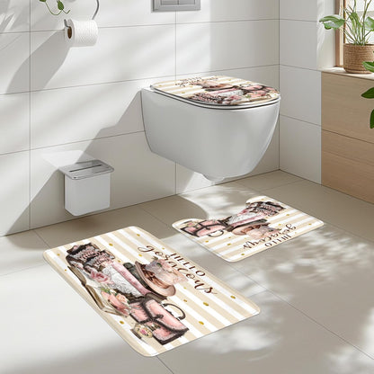 4Pcs Pink Brown Shower Curtain Set, Vintage Fashion Lace Flower Beige White Striped Books Boots Cups Bathroom Curtain with Rug, Toilet Lid Cover, Bath Mat, Women Shower Curtain with 12 Hooks