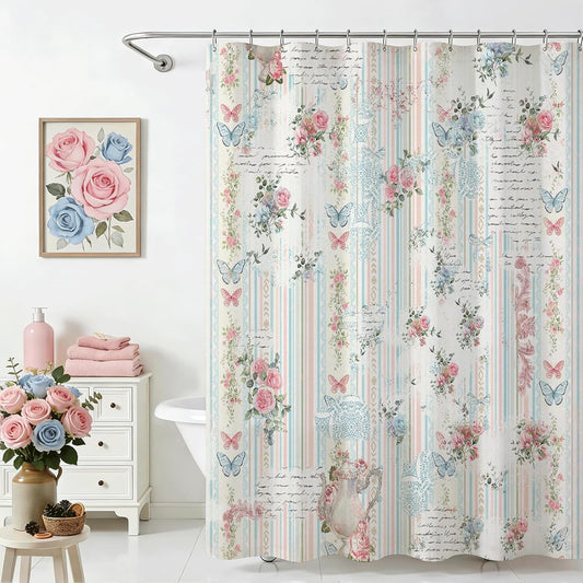 Lindameler Vintage Boho Floral Shower Curtain, Retro Pink Striped Flowers Shower Curtain, Pink Butterfly Floral Farmhouse Bathroom Decor Waterproof Bath Curtain with 12 Hooks, 72 X 72 Inch