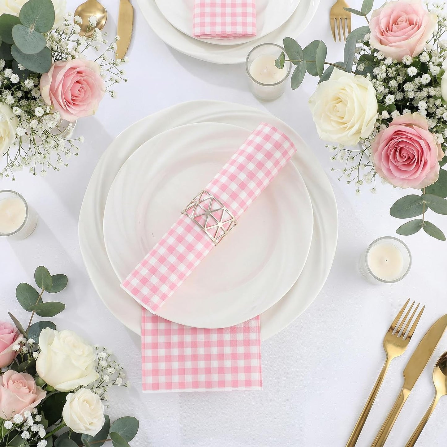 NatNarr 60 Pcs Pink Gingham Napkins, 2 Ply Pink and White Plaid Bathroom Napkin Guest Disposable Checkered Dinner Napkin for Mother's Day Birthday, Baby Bridal Shower, Wedding