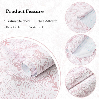 Guvana 17.3in×118in Floral Peel and Stick Wallpaper Boho Contact Paper Pink and White Wall Paper Modern Removable Wallpaper for Bedroom Bathroom Nursery Mural Wall Self Adhesive Waterproof Vinyl Roll