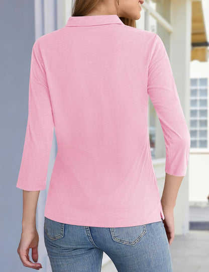 YUCOLEN Polo Shirts for Women 3/4 Sleeve Tops Golf Tees 5-Button Collared Cotton Shirt Business Casual