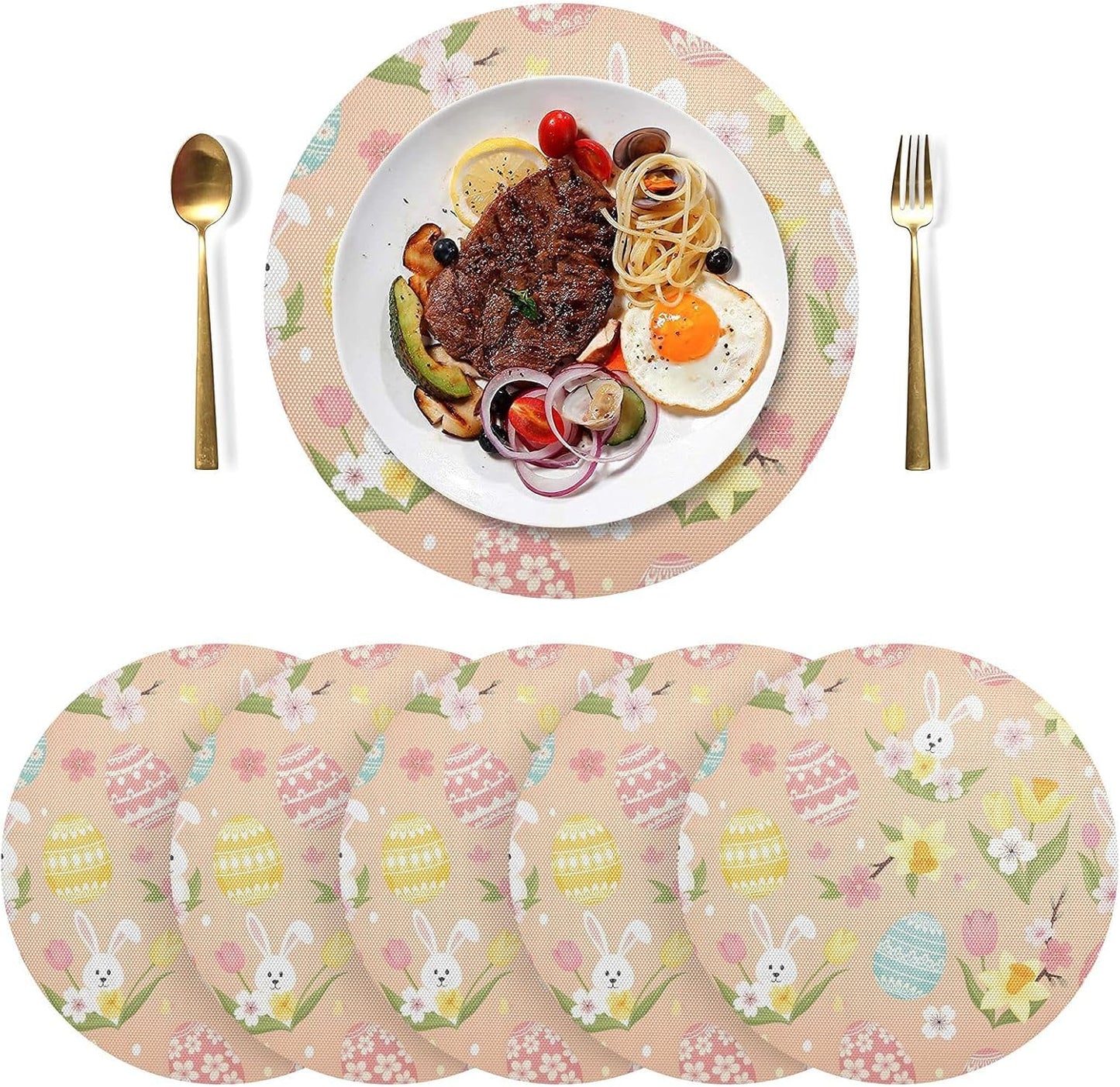 Easter Eggs Pattern Peach Round Placemats Set of 6 Washable Place Mats Heat Resistant Non-Slip Table Mats for Dining Table Decor