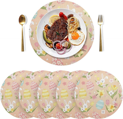 Easter Eggs Pattern Peach Round Placemats Set of 6 Washable Place Mats Heat Resistant Non-Slip Table Mats for Dining Table Decor