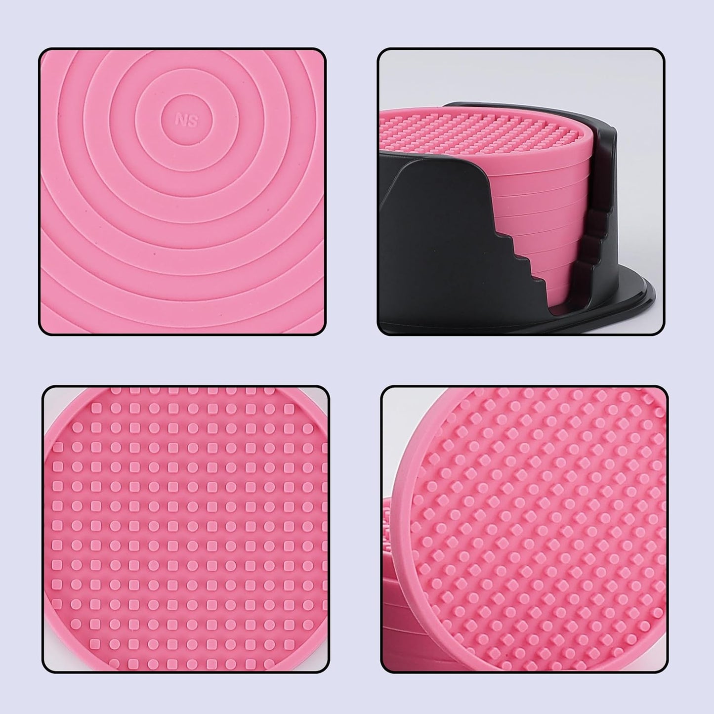 Amooca Silicone Coasters 8 Pack with Holder Anti-Slip Non-Stick Drink Coaster Deep Tray Cup Mat for Hot or Cold Drinking Peach Pink Dots