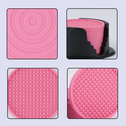 Amooca Silicone Coasters 8 Pack with Holder Anti-Slip Non-Stick Drink Coaster Deep Tray Cup Mat for Hot or Cold Drinking Peach Pink Dots