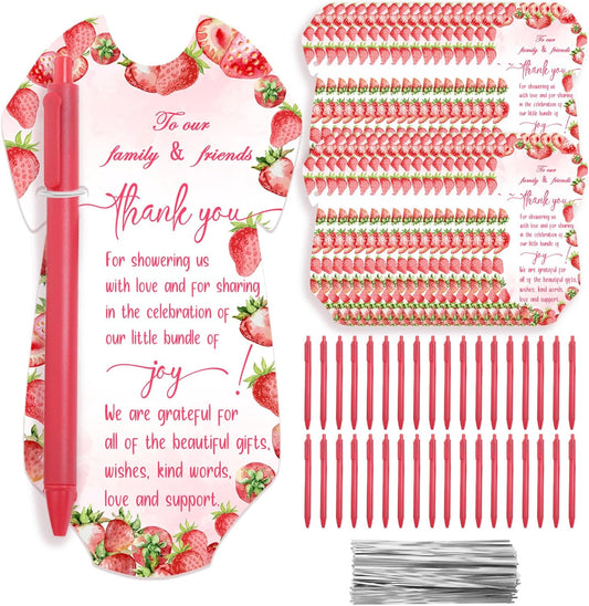 36PCS Pink Strawberry Baby Shower Pens for Guests, 36 Ballpoint Pens 36 Thank you Tags with Twine Prizes Souvenirs Gift Bags Stuffer Supplies