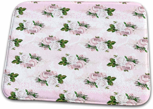 Dish Drying Mat - Pretty Light Pink Floral and Image Of White Lace Pattern Patterns