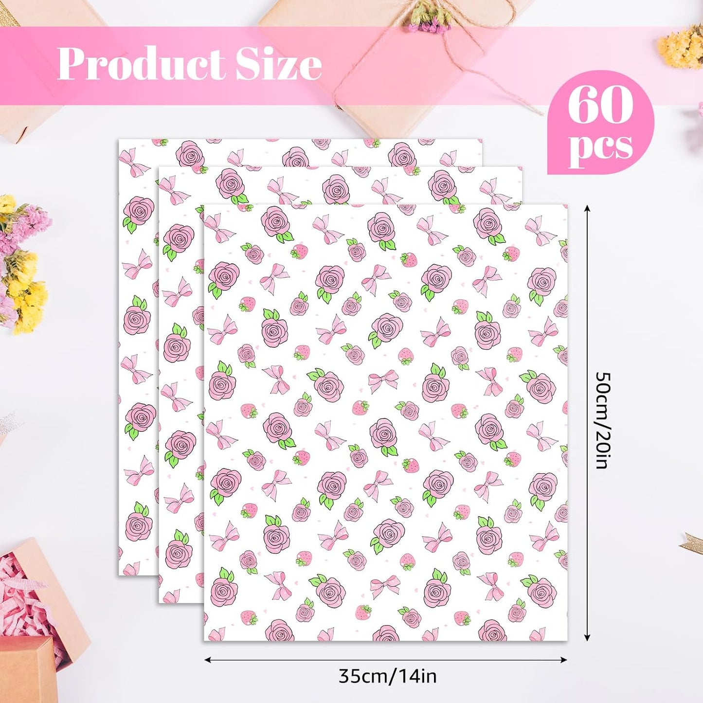 60 Sheets Gift Wrapping Tissue Paper Bulk, Pink Rose Bow Tissue Paper for Gift Bags, Decorative Art Papers for DIY Crafts Valentines Day Wedding Baby Showers Party Decor, 20x14 Inches