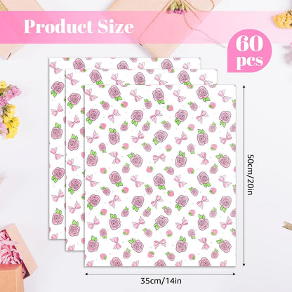60 Sheets Gift Wrapping Tissue Paper Bulk, Pink Rose Bow Tissue Paper for Gift Bags, Decorative Art Papers for DIY Crafts Valentines Day Wedding Baby Showers Party Decor, 20x14 Inches