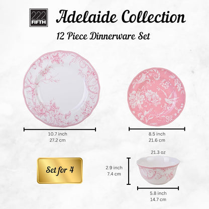222 Fifth Adelaide Blush 12-Piece Pink Porcelain Dinnerware Set – Service for 4, Big Dinner Plates and Bowls Sets, White with Pink Floral Pattern, for Daily Entertainment, Microwave & Dishwasher Safe
