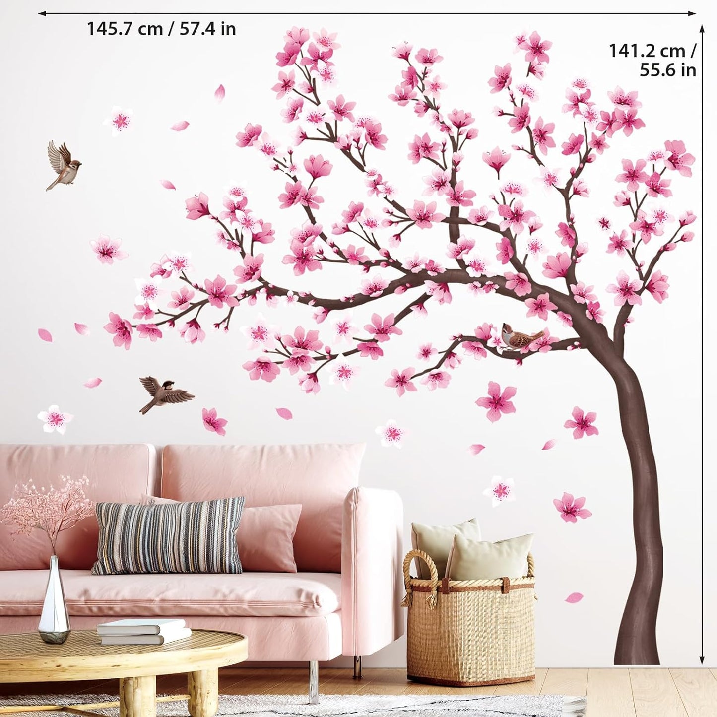 DECOWALL Cherry Blossom Tree Wall Stickers Decals Kids Room Bedroom Living Flower Branch Décor Pink tv Birds Art Background Peel and Stick (SG4-2431)