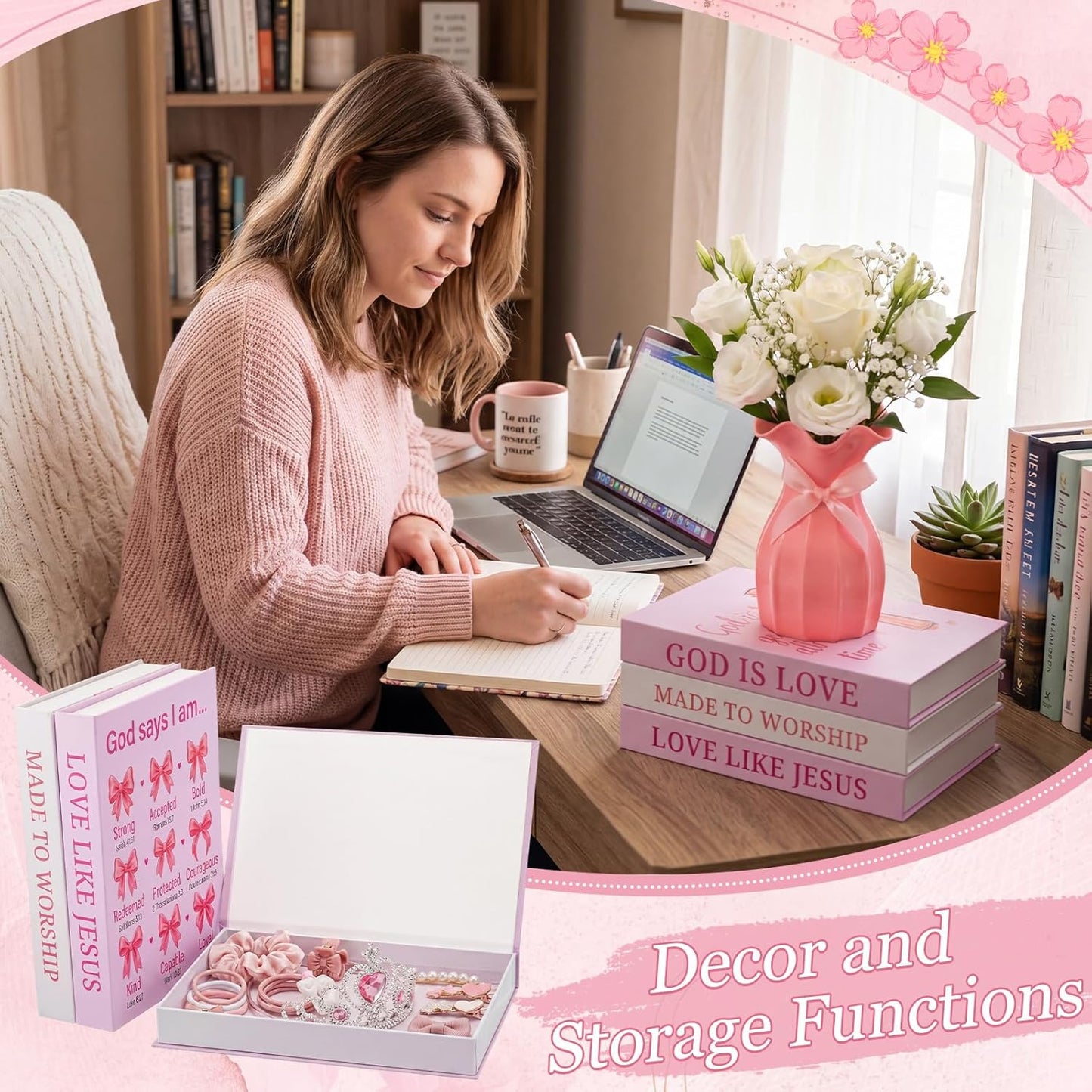 Novabright 4 Pcs Pink Bow Decorative Books and Vase Set, Coquette Room Decor Christian Preppy Fake Books Magnetic Storage Box Bible Verse Scripture Gifts Cute Faux Book Stack for Bookshelf Home Decor