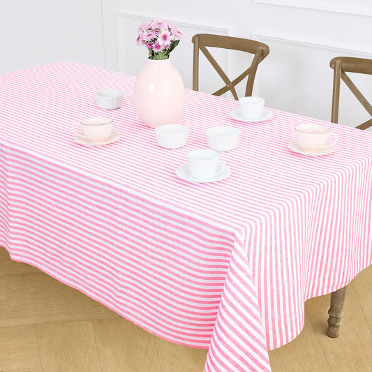 Solino Home Linen Tablecloth 60 x 120 Inch - Amalfi Stripe 100% Pure Linen Pink and White Table Cloth for Rectangle Tables - Machine Washable Tablecloth for Summer