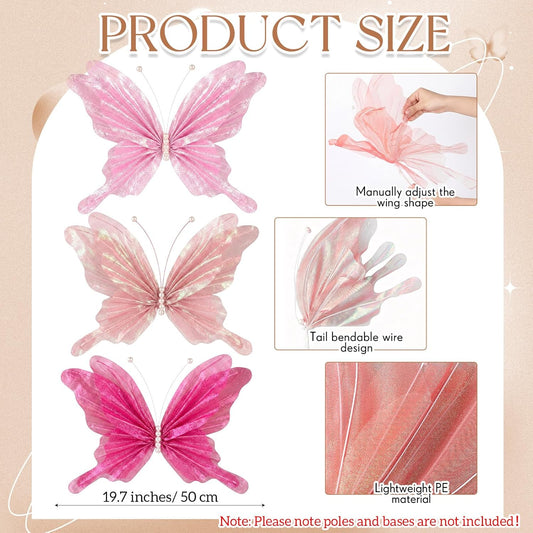 Havawish 3 Pcs 19.7in Giant Butterfly Decoration for Wedding Party Reception, Artificial Gauze Large Butterfly Prop for Banquet Ceremony Church, Pink, Peach Pink, Rose Red