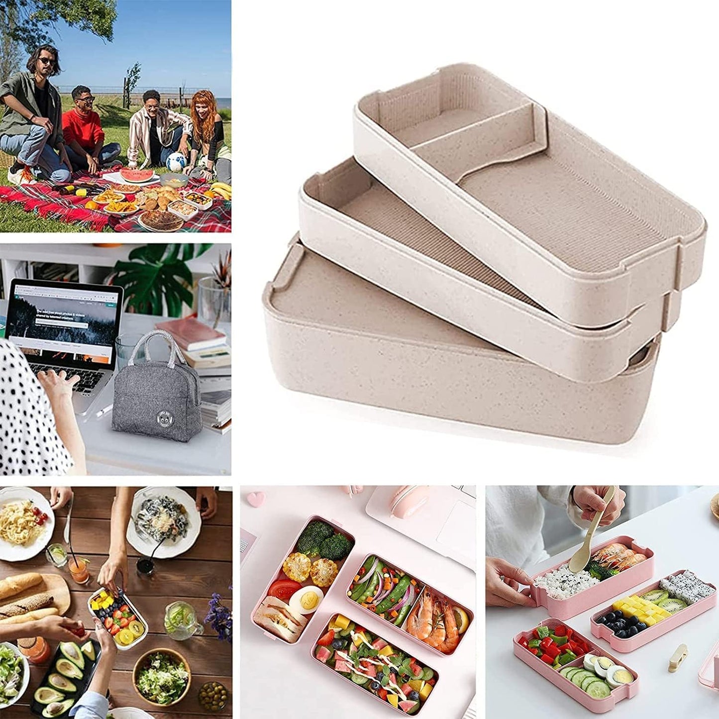 Rarapop Pink Stackable Bento Box Japanese Lunch Box Kit with Spoon & Fork, 3-In-1 Compartment Wheat Straw Meal Prep Containers for Kids & Adults