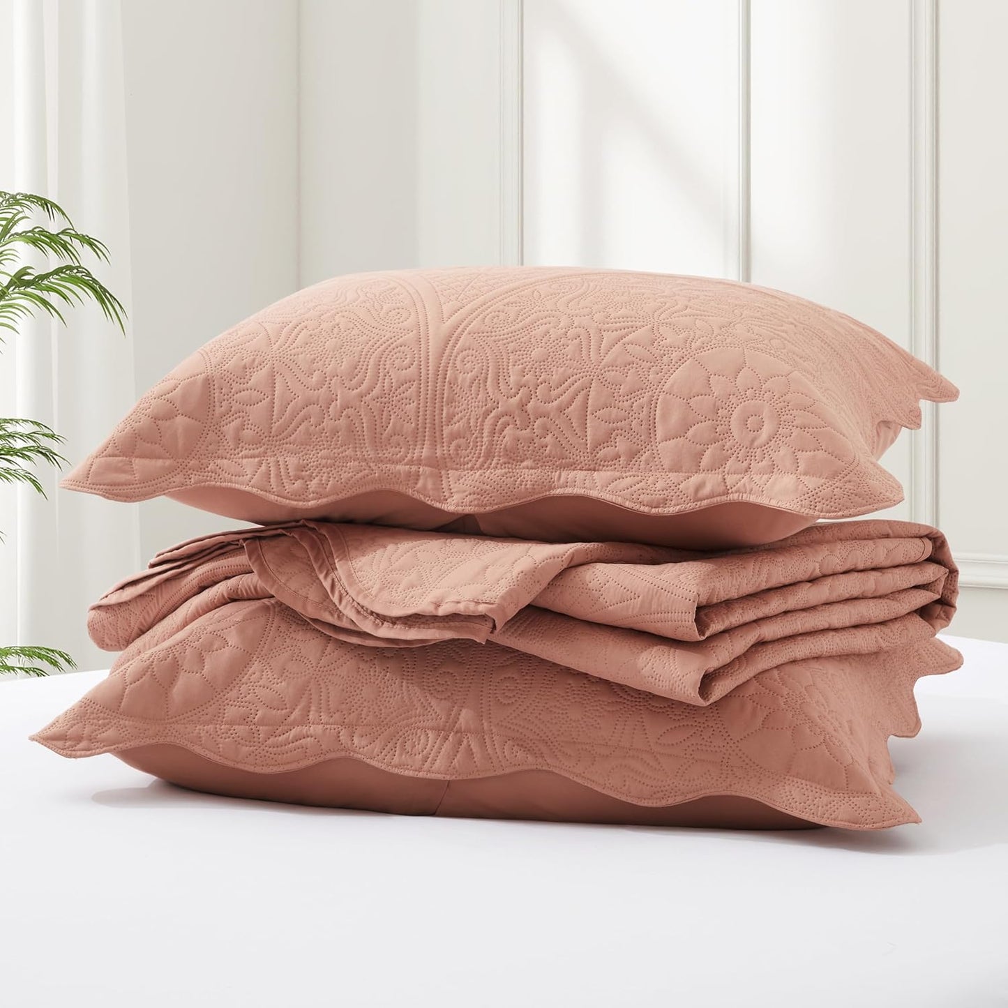 IR Imperial Rooms King Quilt Bedding Set Size (106" x 96") + 2 Pillow Shams (20" x 36"+ 2") - 3 Pcs All Season Lightweight Microfiber Coverlet Floral Embossed Quilt Bedspread (Baby Pink/Peach)