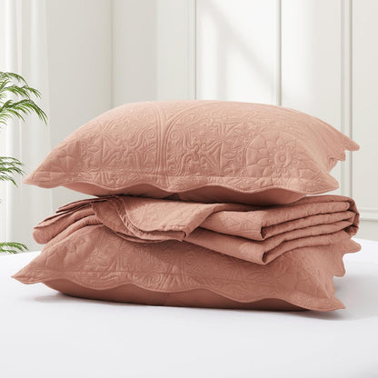 IR Imperial Rooms King Quilt Bedding Set Size (106" x 96") + 2 Pillow Shams (20" x 36"+ 2") - 3 Pcs All Season Lightweight Microfiber Coverlet Floral Embossed Quilt Bedspread (Baby Pink/Peach)