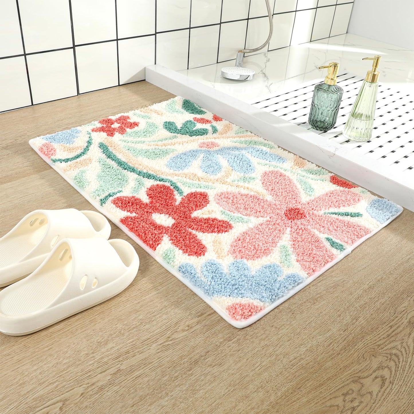Bath Mat, Flower Pattern Bath Mats for Bathroom, Non-Slip, Machine Washable, Fit Under Door, Absorbent Bath Rugs, Shower Outside, Home Decor Accessories. (16"x24")