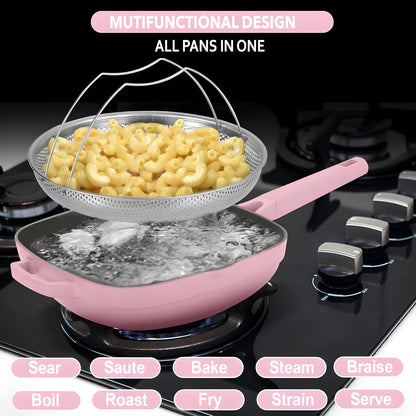 11" Square Ceramic Nonstick Frying Pan with Lid & Steamer Basket – Deep Saute Pan Skillet, PFAS-Free Non Toxic Cast Aluminum, Induction Compatible, Dishwasher Safe, Pink