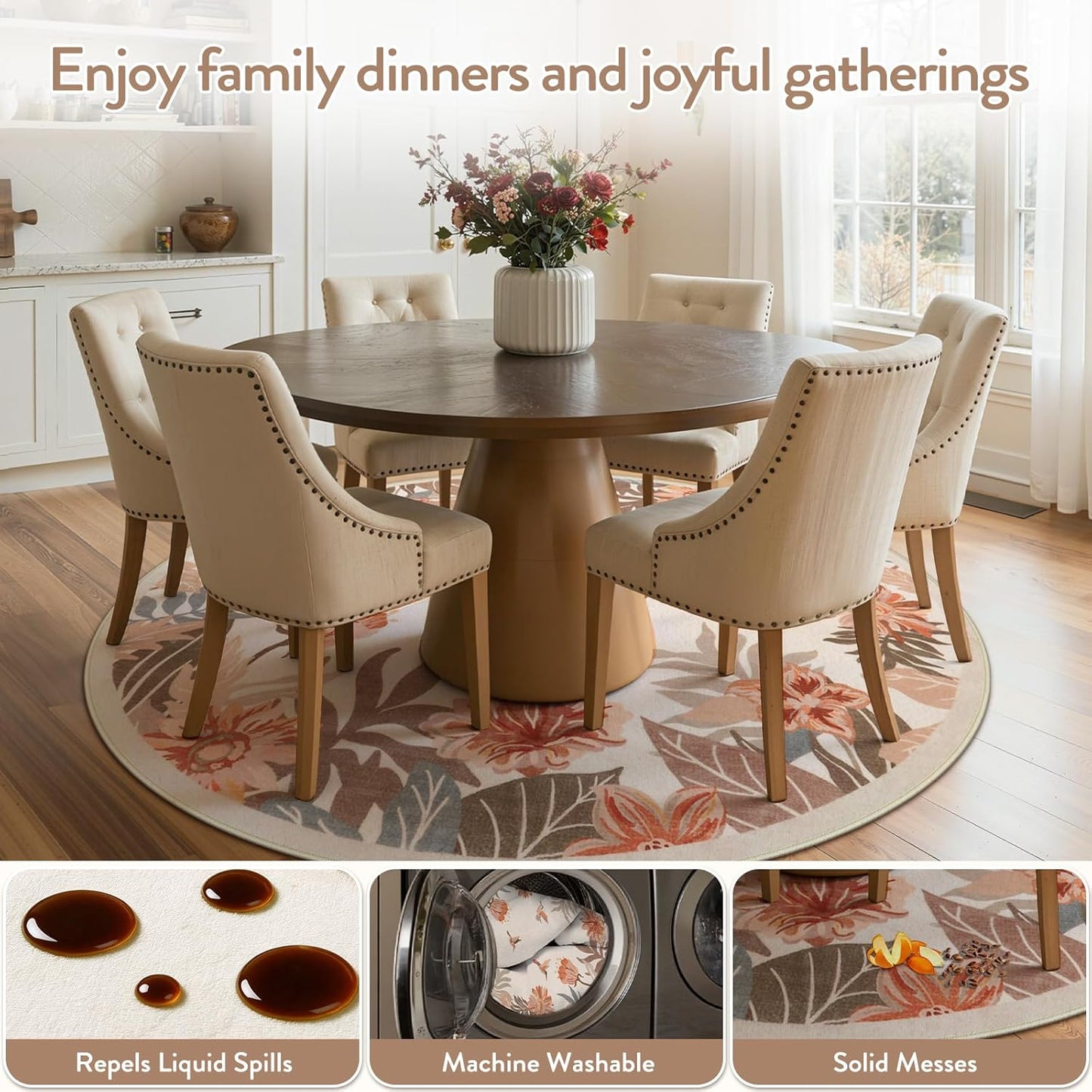 Beeiva Floral Round Rug 4ft for Entryway - Washable Circular Pink Boho Rug for Bedroom, Non Slip Small Rugs Circle Carpet for Dining Room Kitchen Table Flower Print Décor(Beige,Round 4')