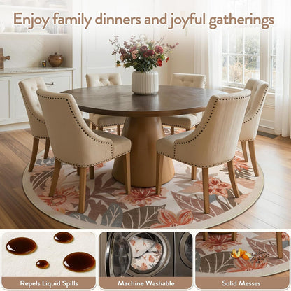 Beeiva Floral Round Rug 4ft for Entryway - Washable Circular Pink Boho Rug for Bedroom, Non Slip Small Rugs Circle Carpet for Dining Room Kitchen Table Flower Print Décor(Beige,Round 4')