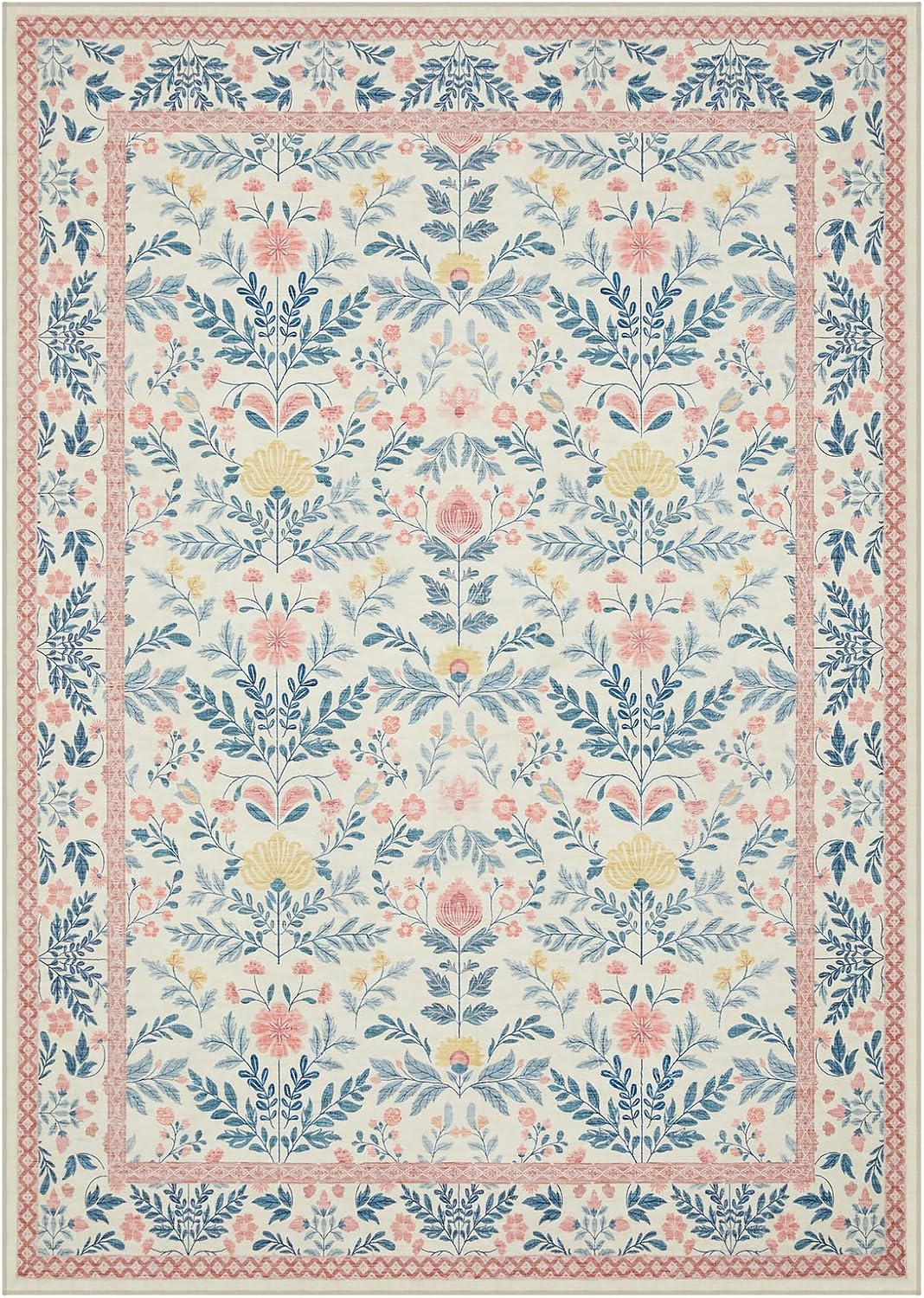 Joydeco Machine Washable Light Pink 5x7 Area Rugs for Bedroom Girls Playroom, Boho Floral Kids Room Nursery Rug Non Slip, Soft Indoor Floor Carpet for Dorm Living Room Classroom
