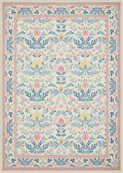 Joydeco Machine Washable Light Pink 5x7 Area Rugs for Bedroom Girls Playroom, Boho Floral Kids Room Nursery Rug Non Slip, Soft Indoor Floor Carpet for Dorm Living Room Classroom